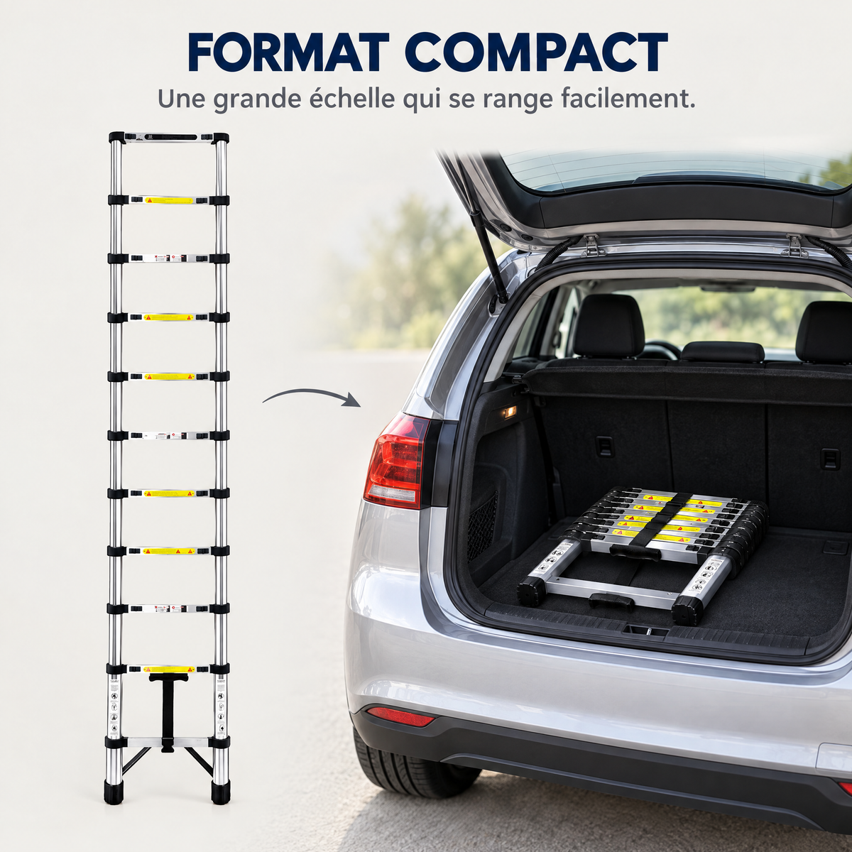 Format compact : l'échelle dépliée, puis repliée dans un coffre de voiture