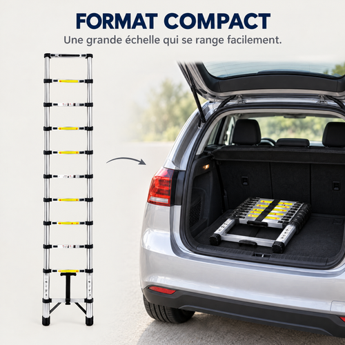 Format compact : l'échelle dépliée, puis repliée dans un coffre de voiture