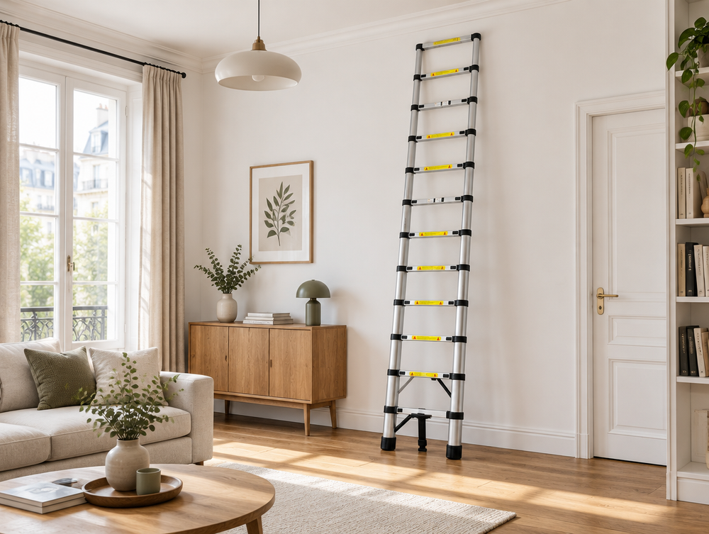 Échelle télescopique Altixo 3,2 m dépliée contre le mur d'un salon, sous un luminaire de plafond