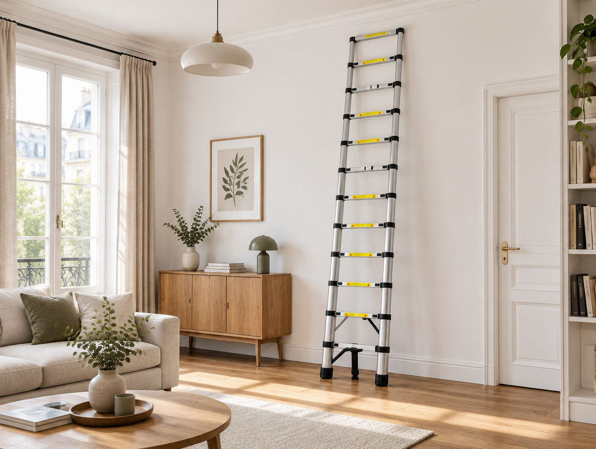 Échelle télescopique Altixo 3,2 m dépliée contre le mur d'un salon, sous un luminaire de plafond