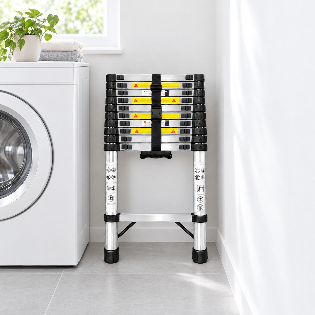 Échelle télescopique 3,2 m repliée, rangée entre un lave-linge et le mur