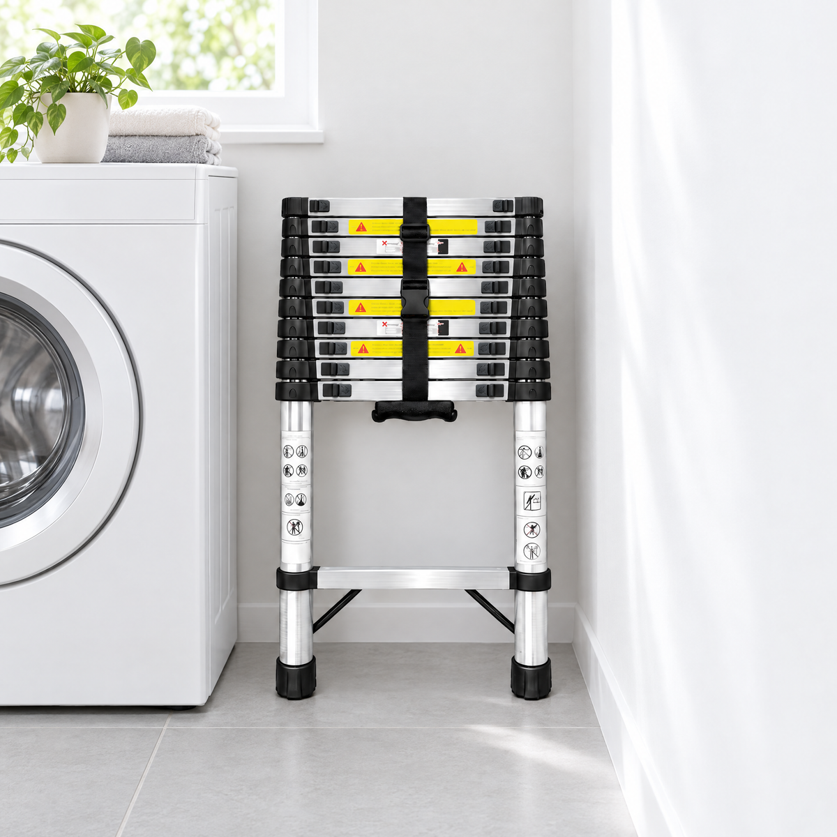 Échelle télescopique 3,2 m repliée, rangée entre un lave-linge et le mur