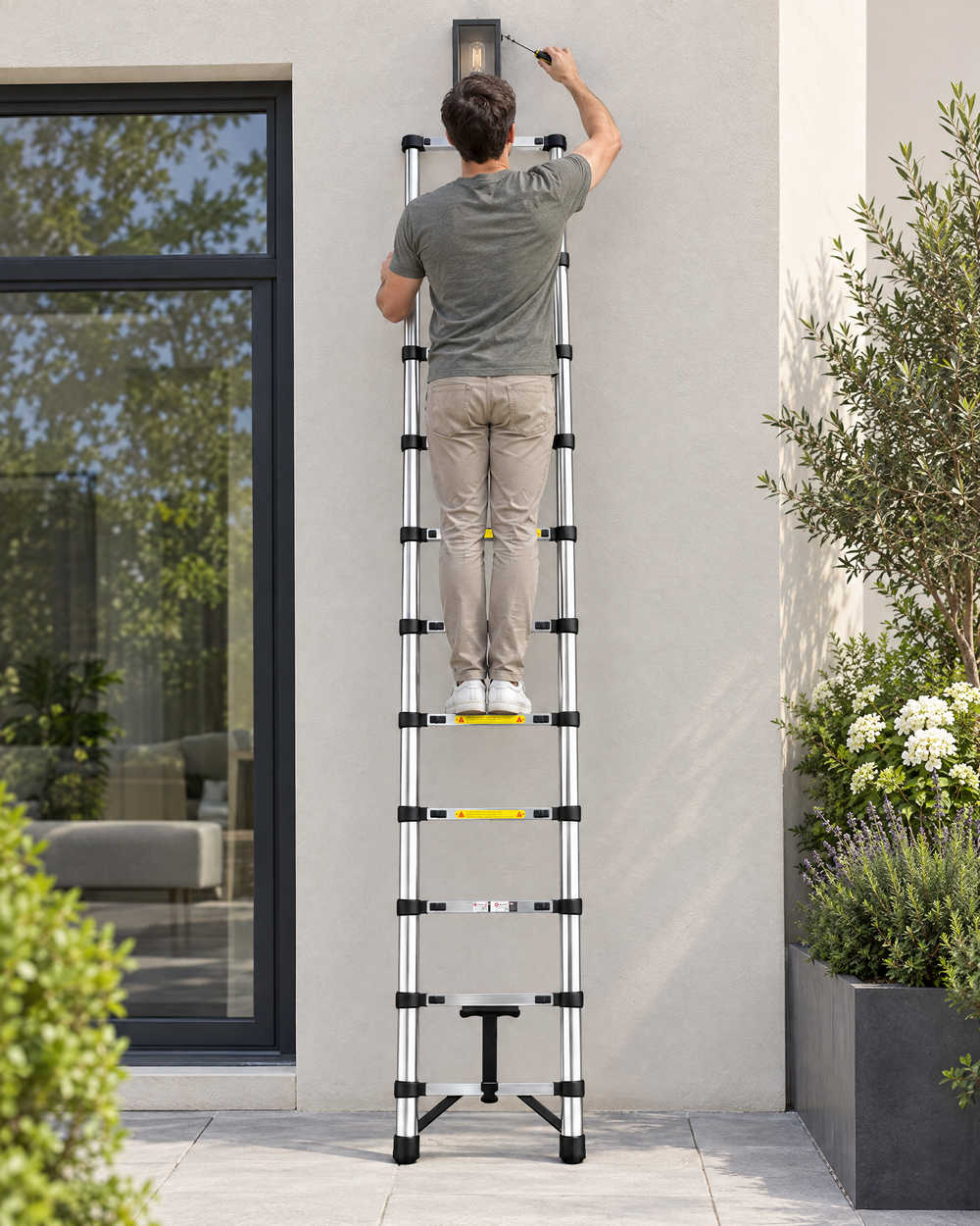Échelle télescopique 3,2 m contre une façade pour fixer une applique extérieure