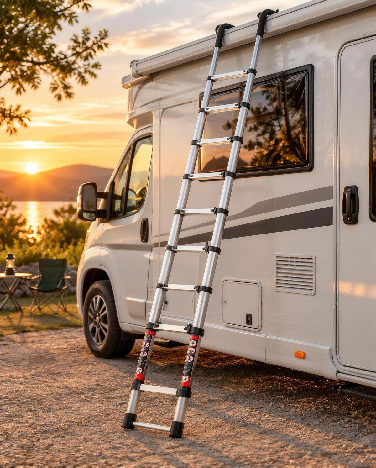 Échelle télescopique 4,25 m accrochée au bord du toit d'un camping-car