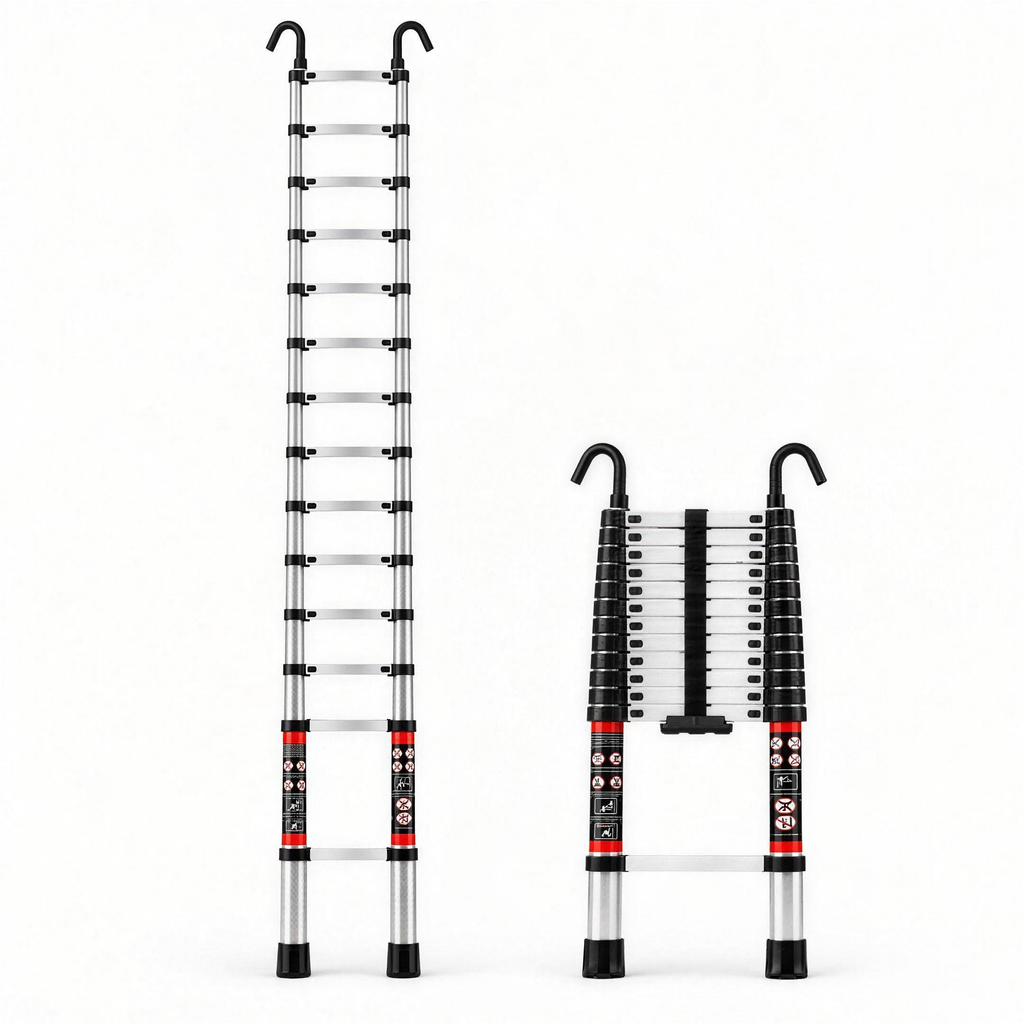 Échelle télescopique 4,25 m avec crochets, déployée et repliée, sur fond blanc