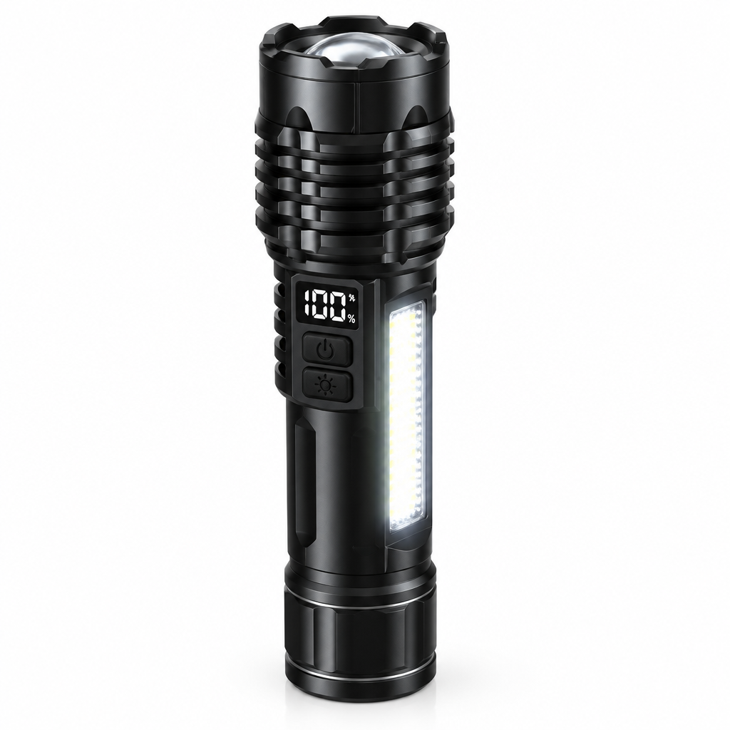 Lampe torche LED avec éclairage latéral allumé et affichage du niveau de charge