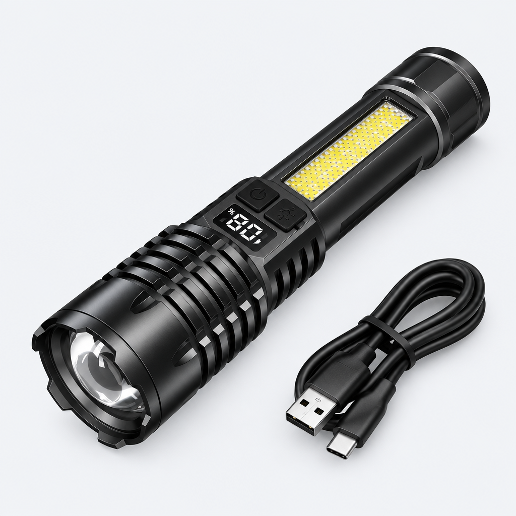 Lampe torche LED rechargeable avec éclairage latéral et câble USB-C